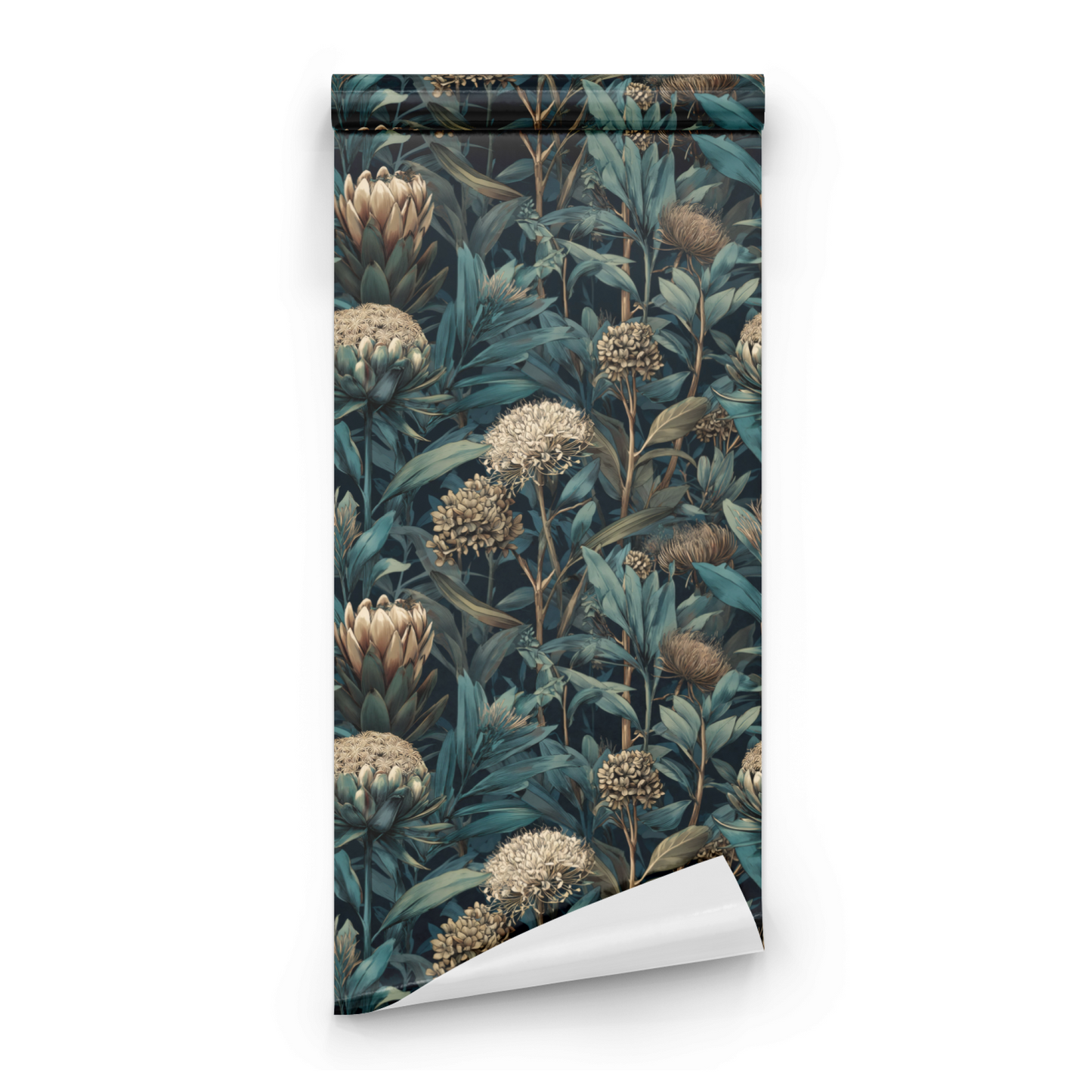 Green Botanical Wallpaper roll close-up showing the protea flower drawing in deep green dark academia handling