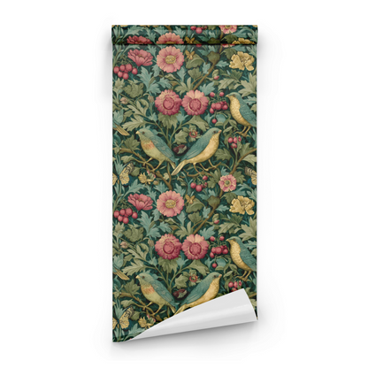 Green Floral Wallpaper roll preview showing the acanthus florals and the woodland birds in crimson-and-green Victorian line work