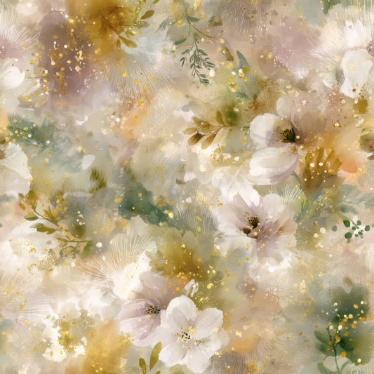 Dreamy floral pattern with soft pink, gold, and green tones, featuring subtle watercolor textures.