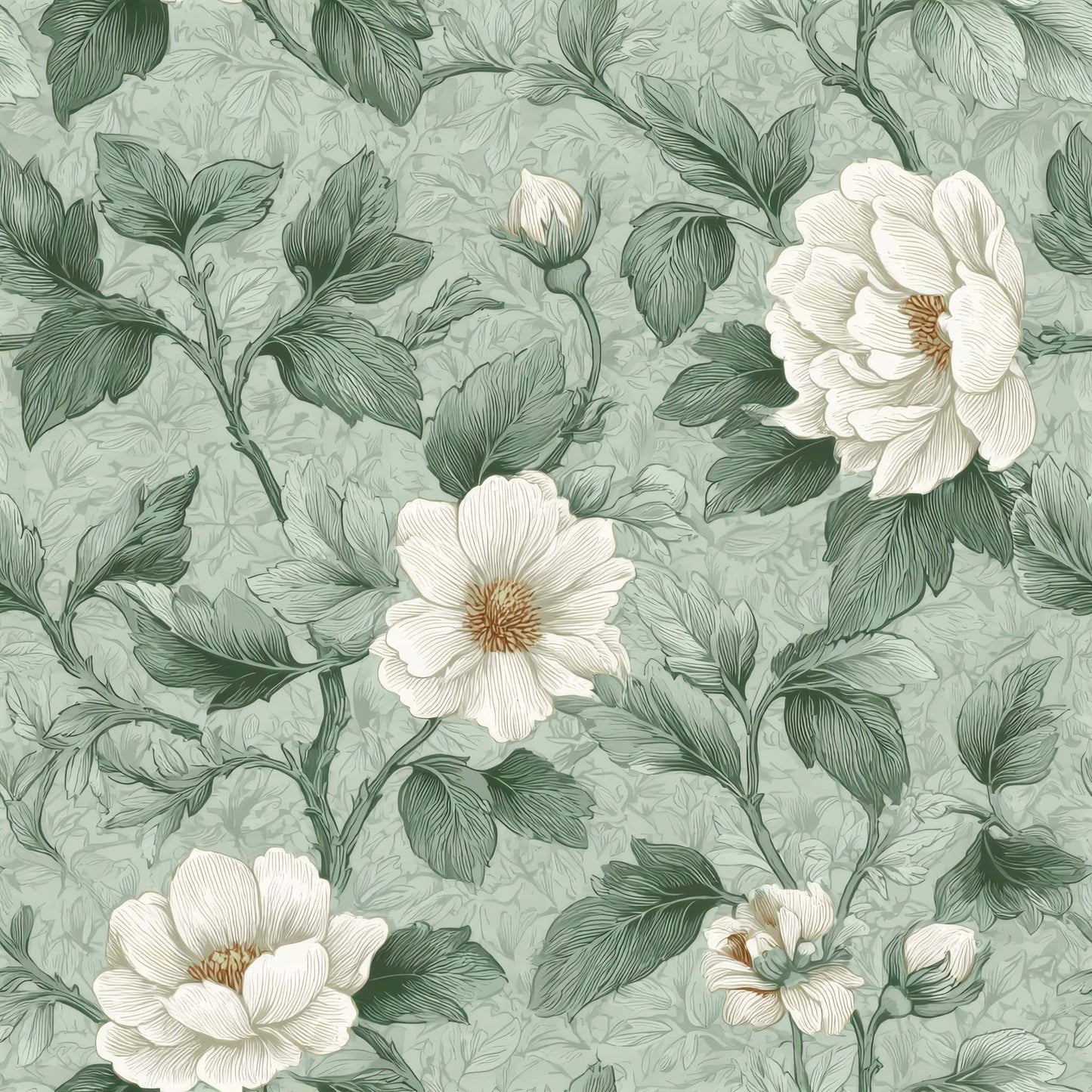 Vintage floral wallpaper pattern with sage leaves and ivory flowers.