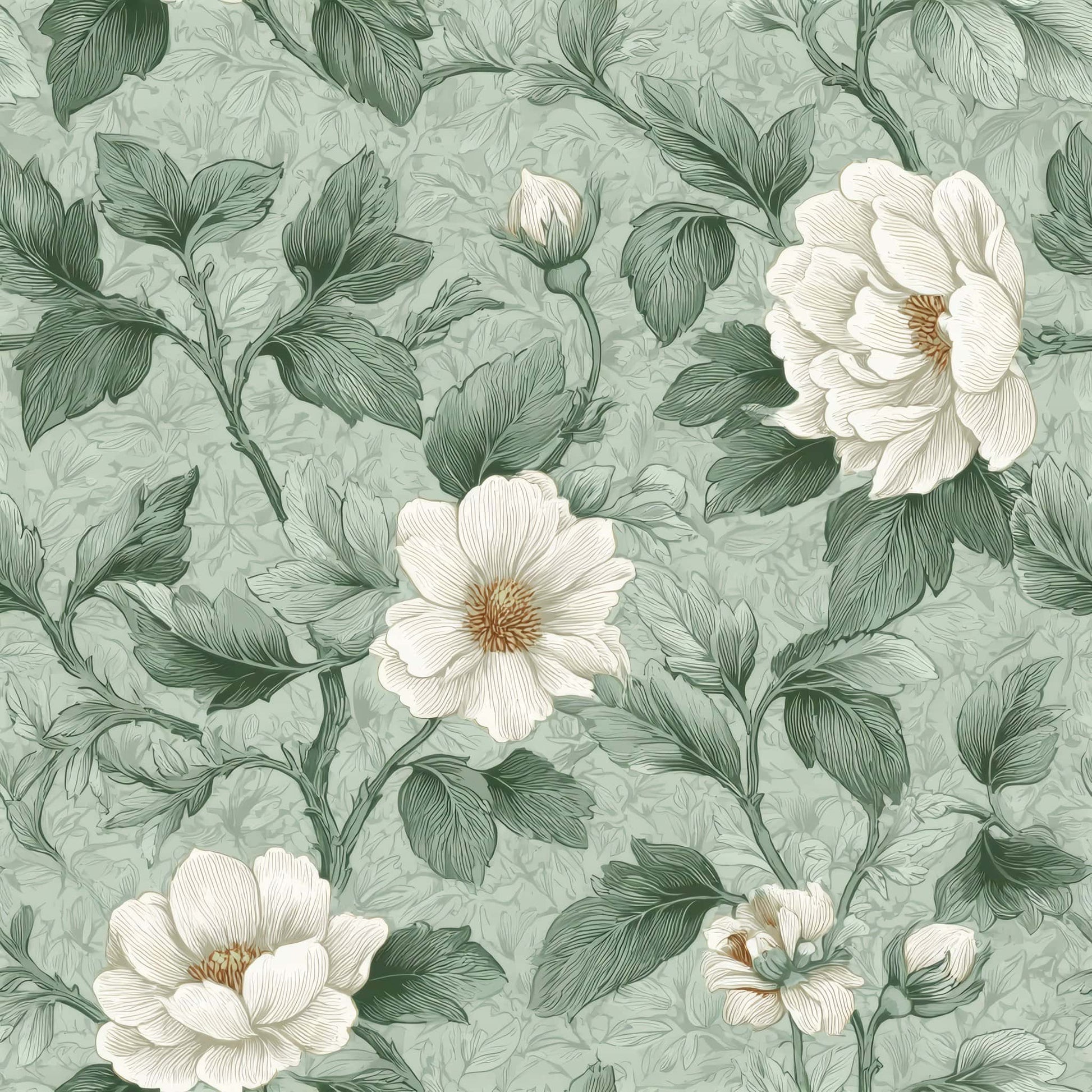 Vintage floral wallpaper pattern with sage leaves and ivory flowers.