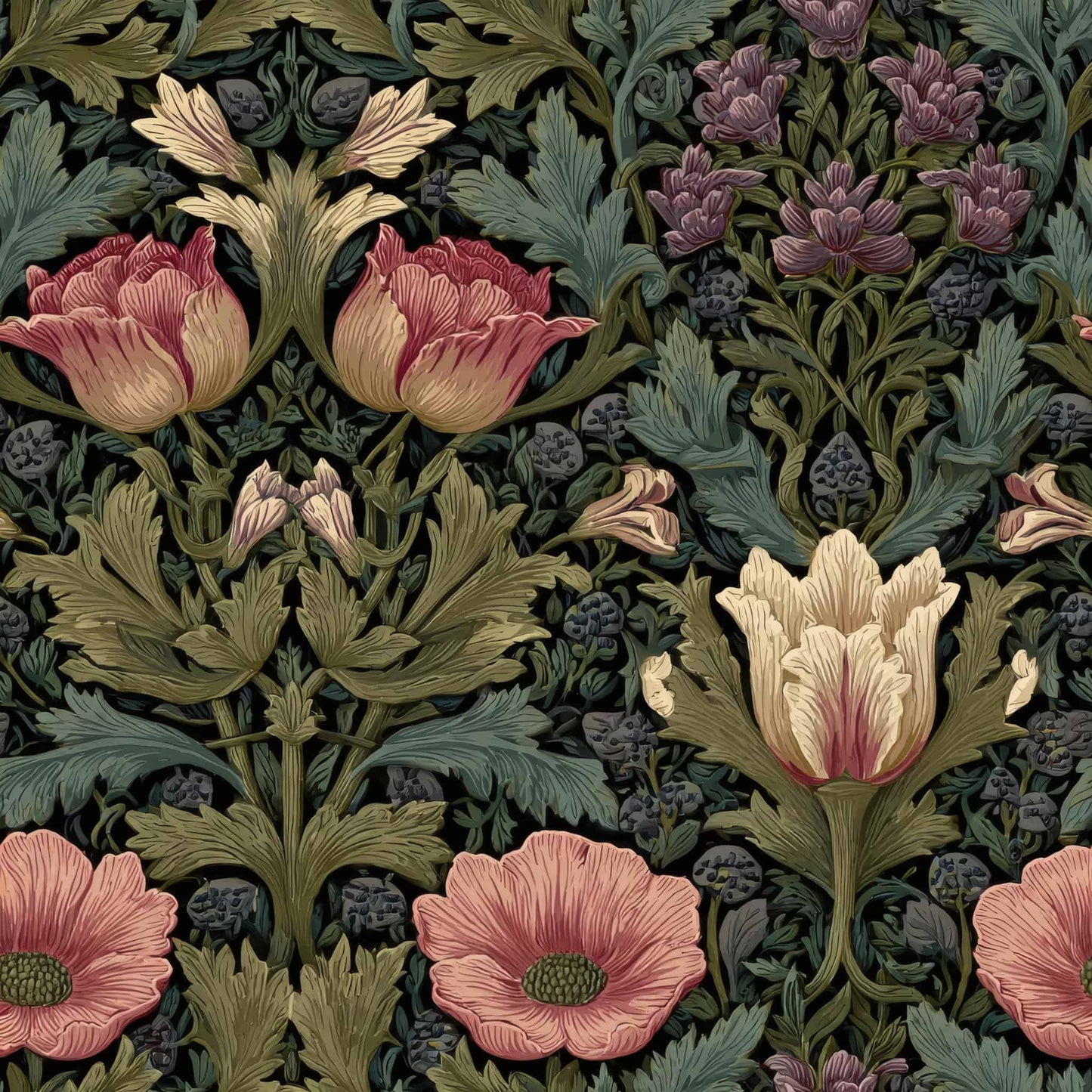 Ornate floral wallpaper pattern with lush earth tones and intricate vintage design.
