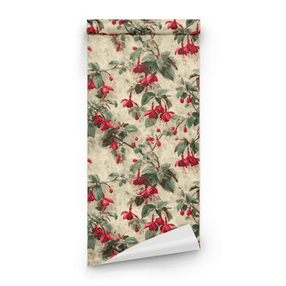 Cream Floral Wallpaper roll close-up showing the fuchsia drawing in close cream-and-scarlet Arts and Crafts detail