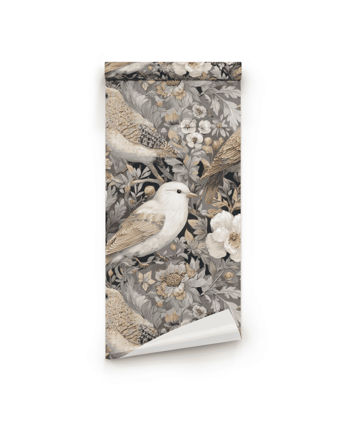 Serenade Bloom Wallpaper is a rolled sheet featuring detailed birds and floral motifs, with foliage in neutral beige, brown, and white tones.