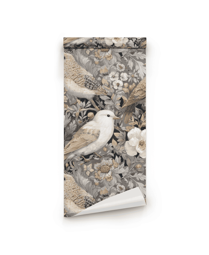 Serenade Bloom Wallpaper is a rolled sheet featuring detailed birds and floral motifs, with foliage in neutral beige, brown, and white tones.