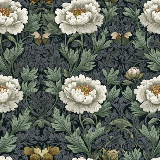 Wallpaper with delicate white flowers and lush green leaves on a dark background.