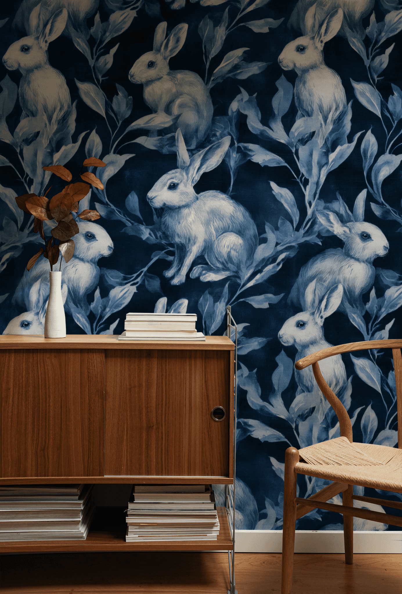 The Indigo Rabbit wallpaper in deep blue showcases serene rabbits and lush foliage behind a wooden sideboard with stacked books, a vase, and a partially visible wooden chair to the right.