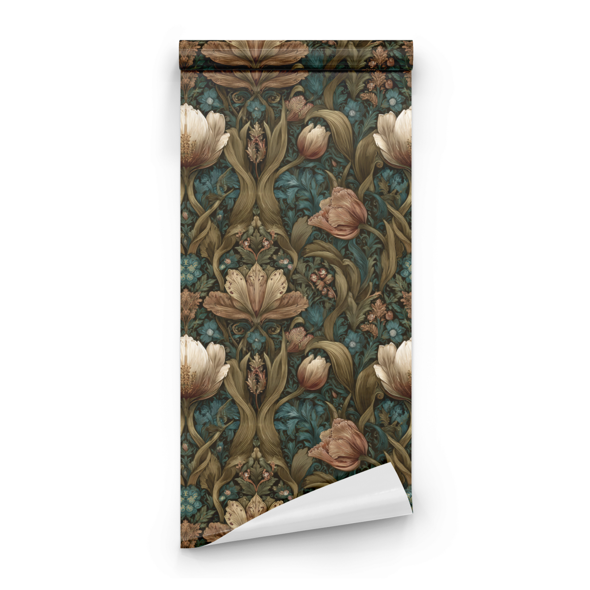 Green Floral Wallpaper roll preview showing the lotus flower drawing and the green Arts and Crafts Victorian palette in close detail