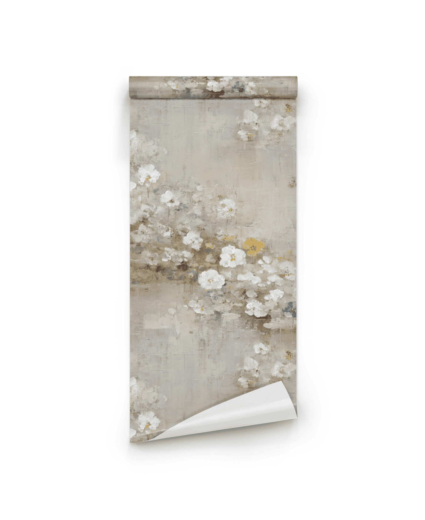 The Bloom Serenity Wallpaper features a muted floral pattern with white and pale yellow flowers on a beige background, accented by a delicate painterly texture. The roll is partially unrolled for display.