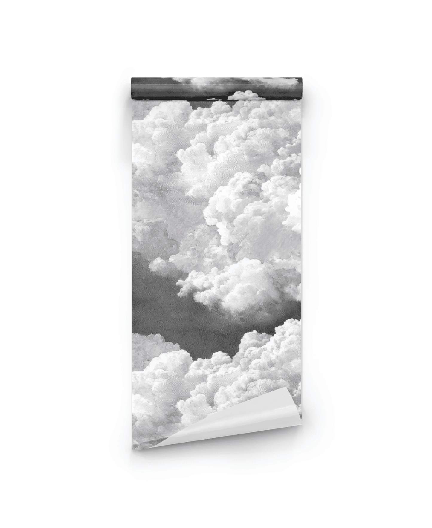 Cloud Drift Wallpaper features a black and white cloud pattern, shown partially unrolled against a white background—ideal for adding tranquil decor and a dreamy ambiance to any space.