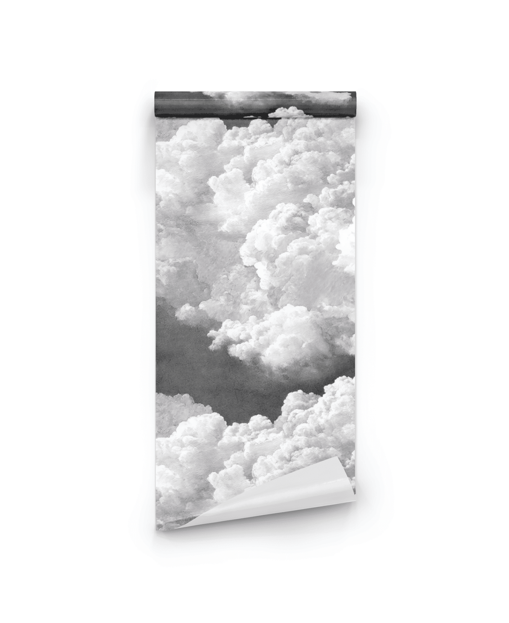 Cloud Drift Wallpaper features a black and white cloud pattern, shown partially unrolled against a white background—ideal for adding tranquil decor and a dreamy ambiance to any space.