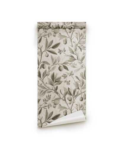 Olive Grove Wallpaper features a monochrome botanical design of olive branches, leaves, and fruit on a light background—ideal for creating a natural atmosphere in any space.