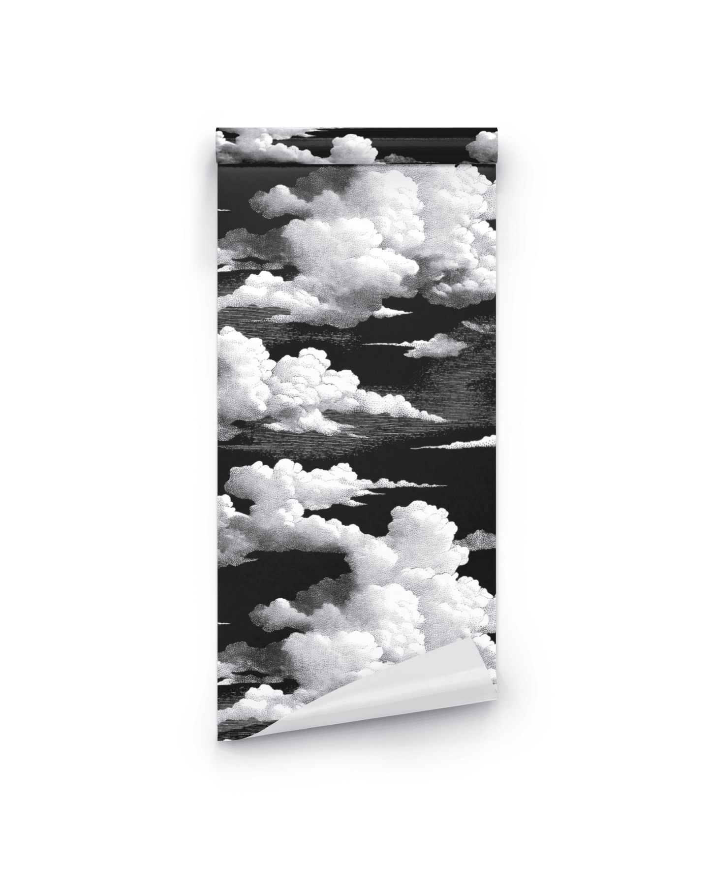 The Midnight Clouds Wallpaper, with a black background and bold white clouds, exudes celestial allure as it is partially unrolled on a plain white surface.