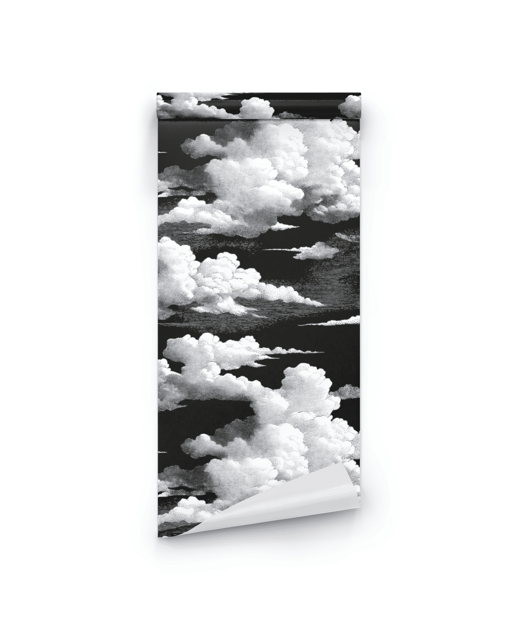 The Midnight Clouds Wallpaper, with a black background and bold white clouds, exudes celestial allure as it is partially unrolled on a plain white surface.