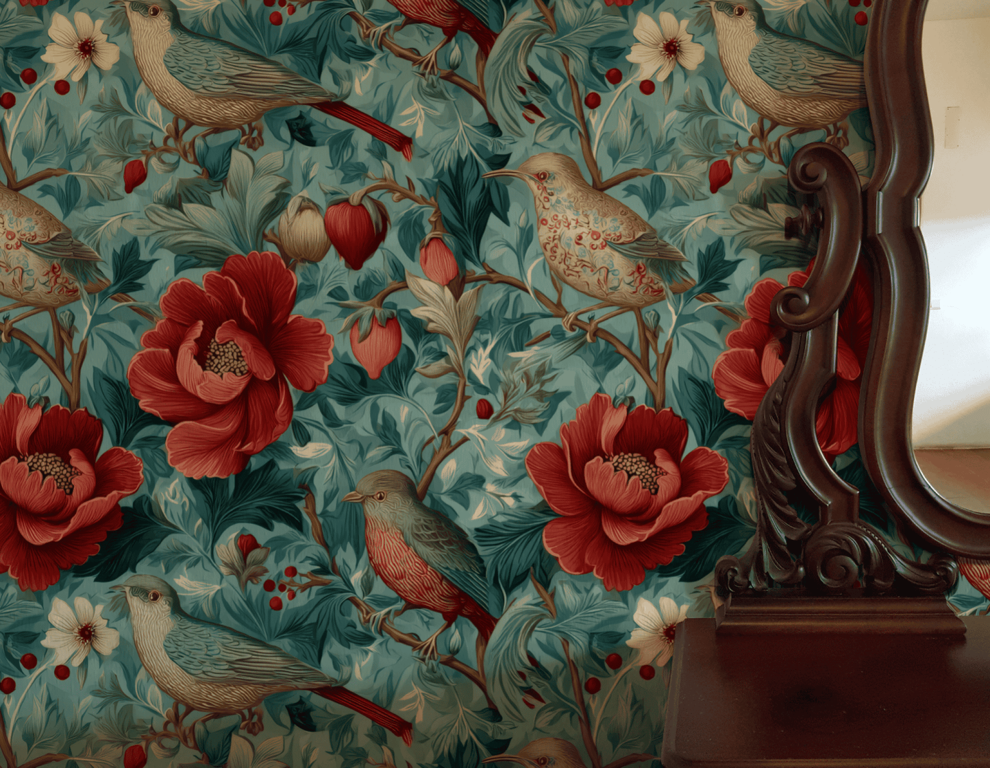 A close-up of Eden Bloom Wallpaper shows exotic birds, vibrant red flowers, and green leaves, with part of a dark wooden mirror frame visible on the right.