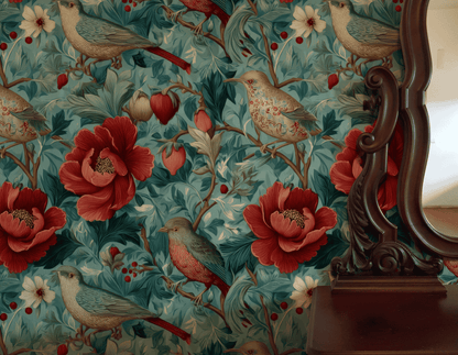 A close-up of Eden Bloom Wallpaper shows exotic birds, vibrant red flowers, and green leaves, with part of a dark wooden mirror frame visible on the right.