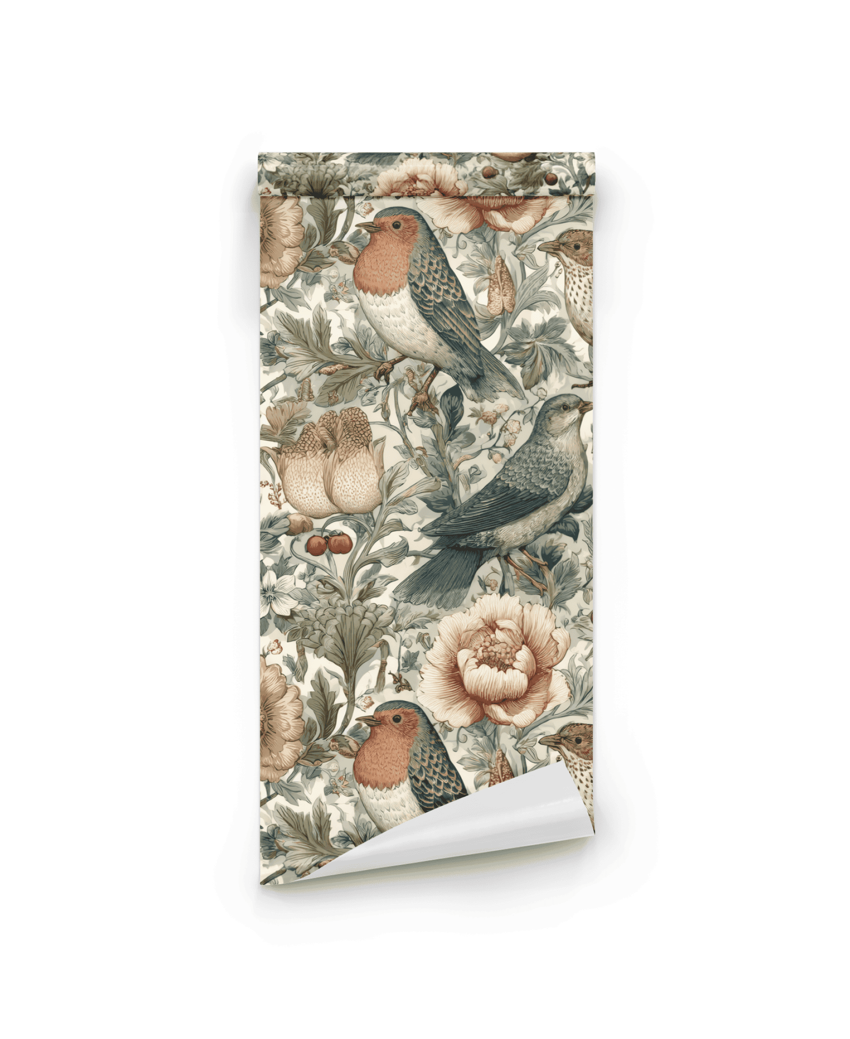 Garden Serenade Wallpaper features an intricate birds and blossoms pattern with flowers and foliage in muted red, green, beige, and brown on a light background, beautifully capturing natural beauty.