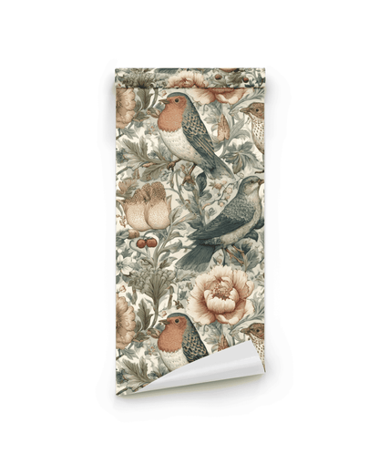 Garden Serenade Wallpaper features an intricate birds and blossoms pattern with flowers and foliage in muted red, green, beige, and brown on a light background, beautifully capturing natural beauty.