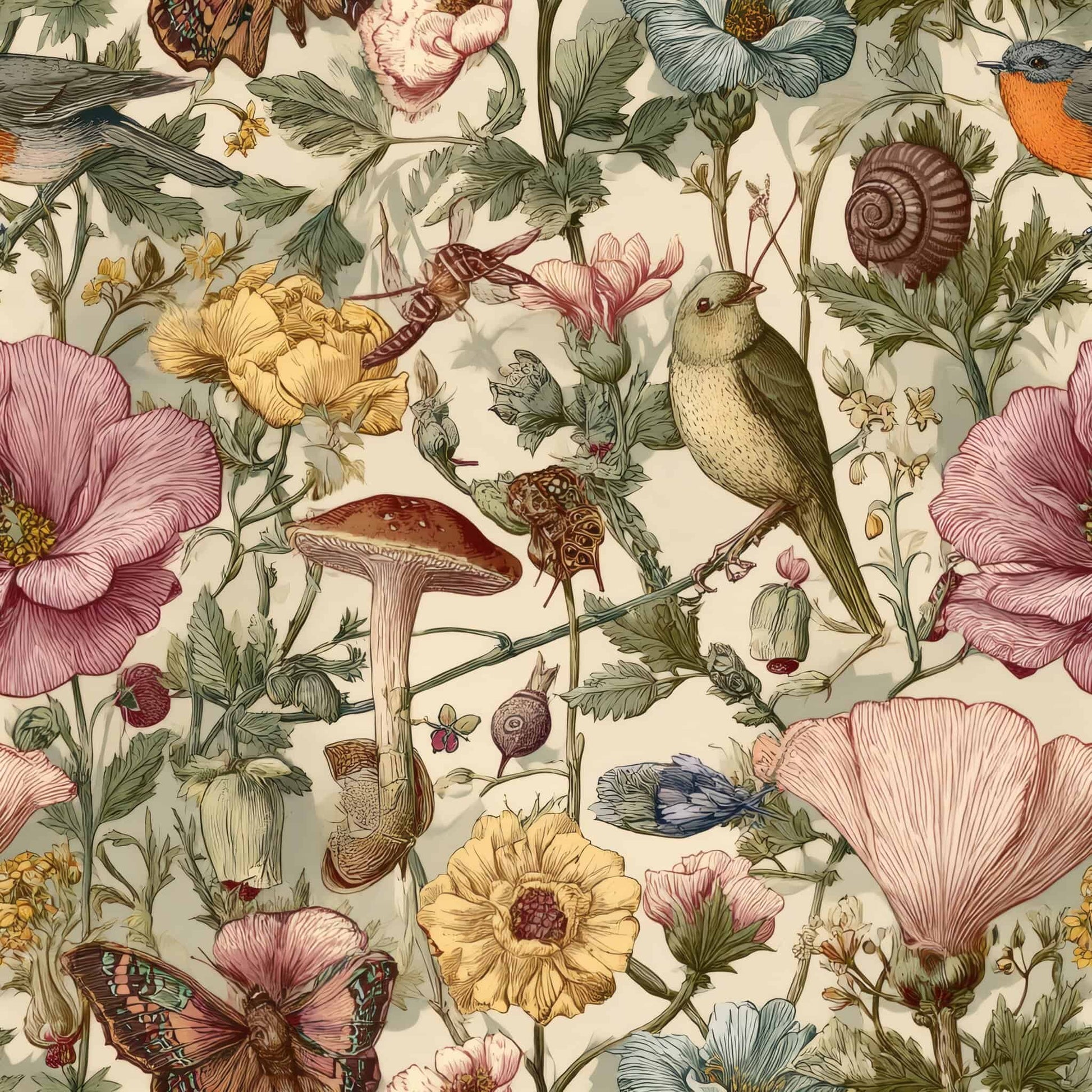 Verdant Whimsy Wallpaper features a dense, natural pattern of birds, mushrooms, insects, snails, detailed flowers, and leaves—ideal for adding a whimsical garden vibe to any space.