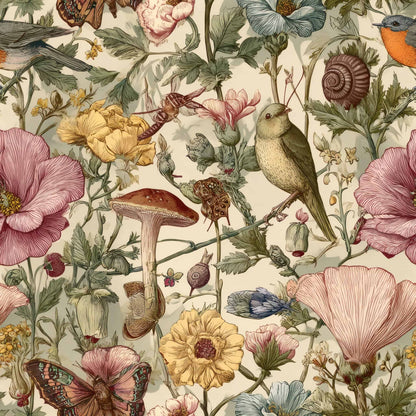 Verdant Whimsy Wallpaper features a dense, natural pattern of birds, mushrooms, insects, snails, detailed flowers, and leaves—ideal for adding a whimsical garden vibe to any space.