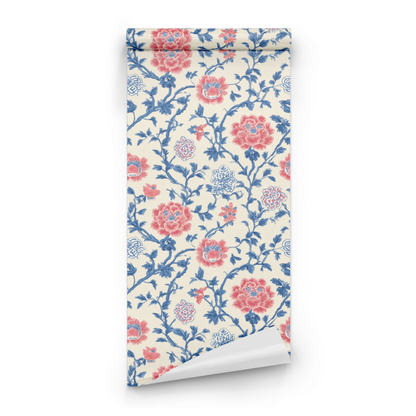 Cream Floral Wallpaper roll preview showing the chinoiserie floral drawing in close cream-and-scarlet detail