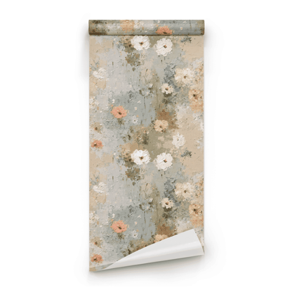 Neutral Floral Wallpaper roll preview showing the textured rosaline drawing in close soft neutral watercolor detail