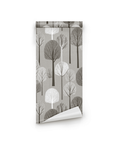 Winter Grove Wallpaper features a minimalist tree pattern with bare branches in gray, white, and brown tones, shown partially unrolled against a white background.