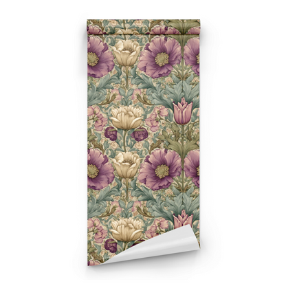 Green Floral Wallpaper roll preview showing the lotus drawing in close shadowy green Victorian Arts and Crafts detail