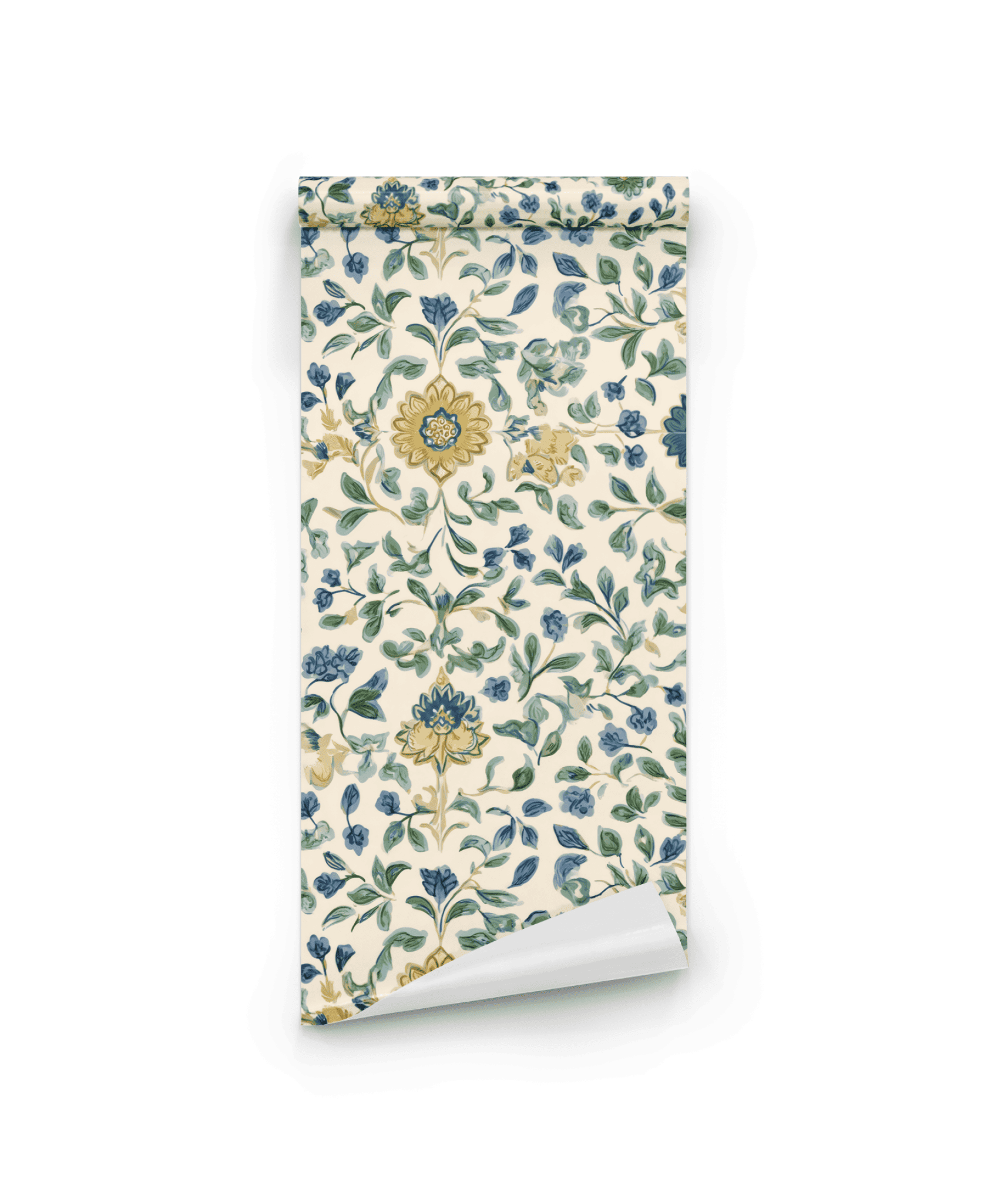 Bloom Haven Wallpaper features a floral design in blue, green, and yellow on a white background—ideal for adding floral decor and a serene touch to any room.
