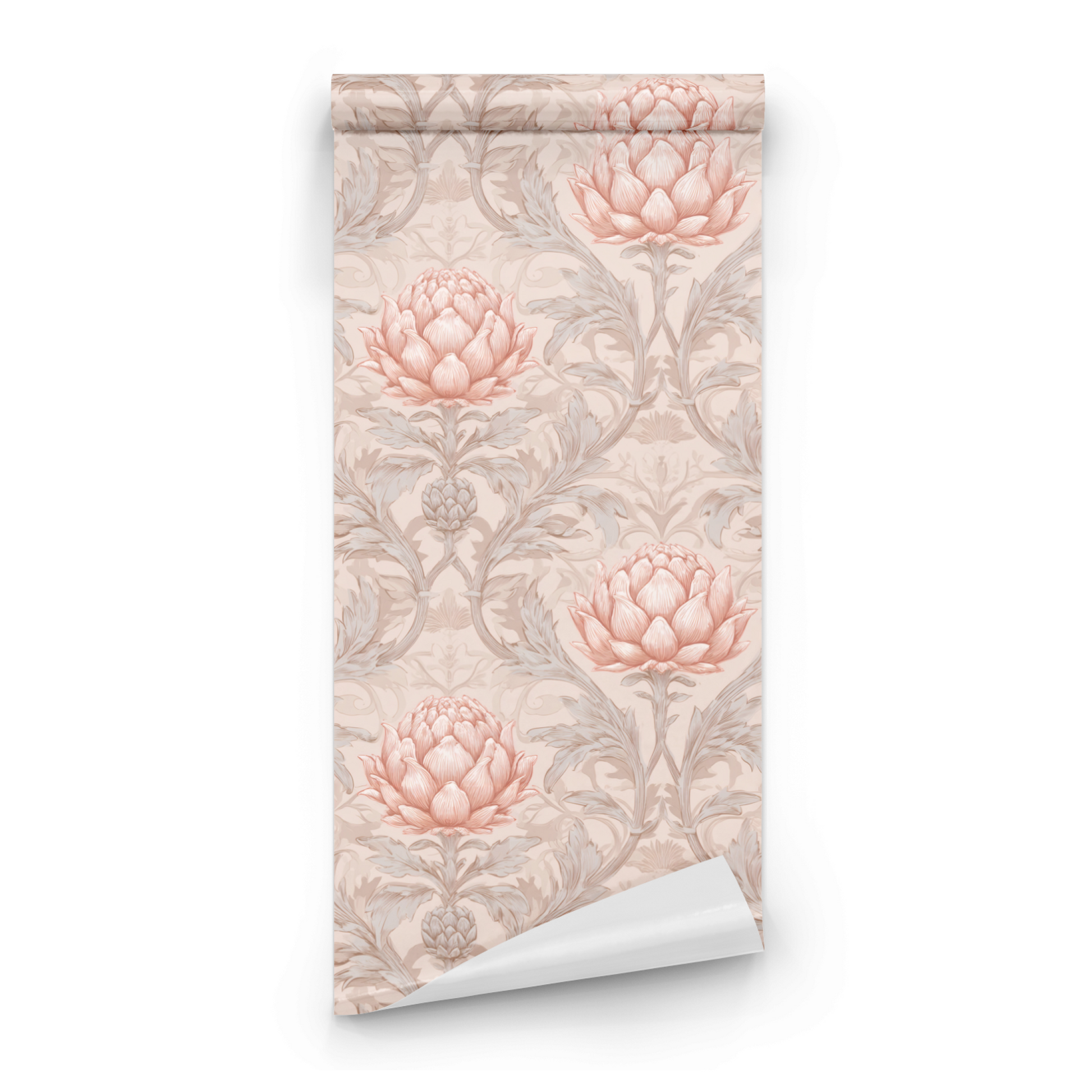 Pink Floral Wallpaper roll preview showing the acanthus-and-rosebud drawing in close soft pink Victorian detail