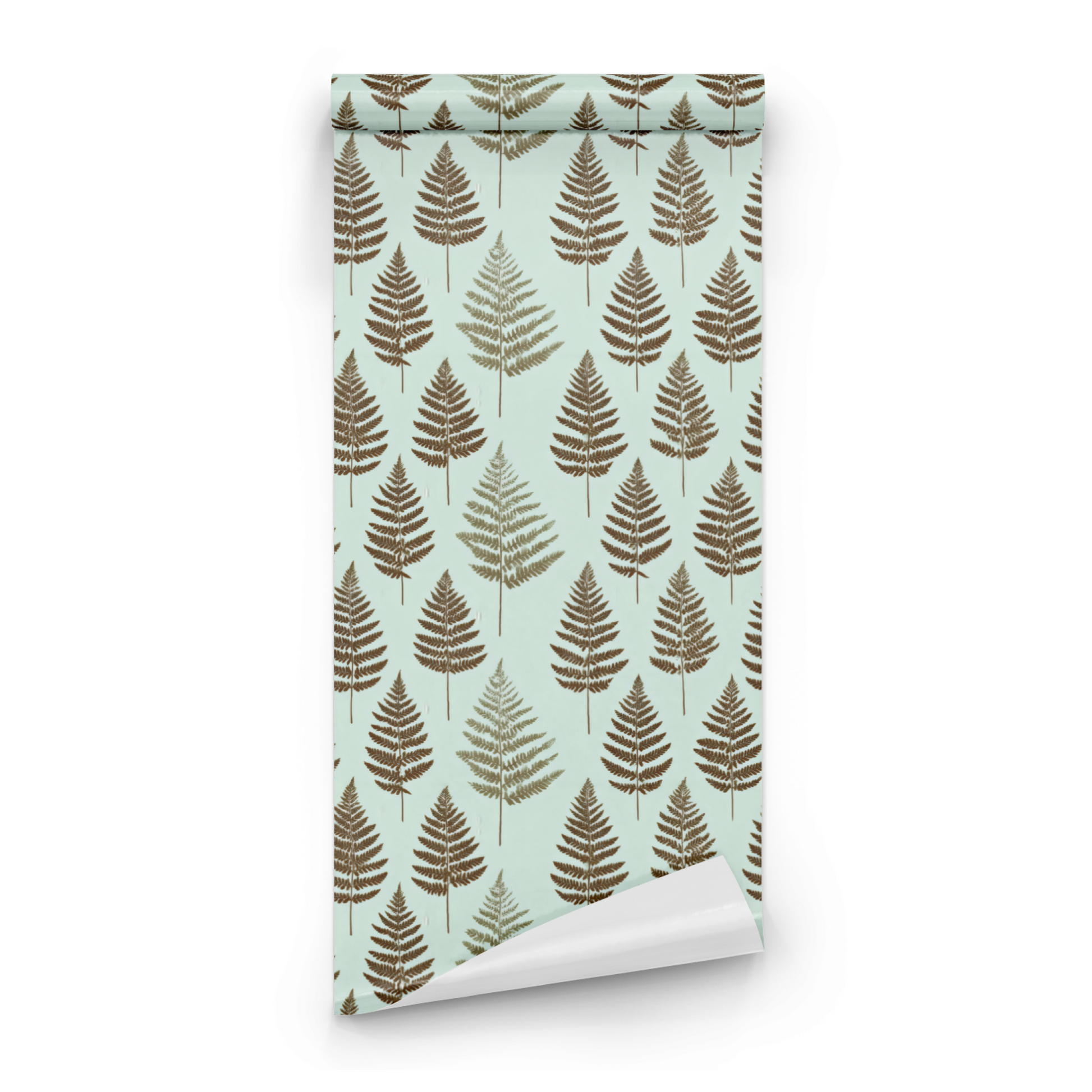 Green Botanical Wallpaper roll close-up showing the woodland foliage drawing in close green russet detail