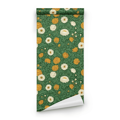 Green Floral Wallpaper roll close-up showing the marigold flower drawing in fine emerald green Arts and Crafts line work