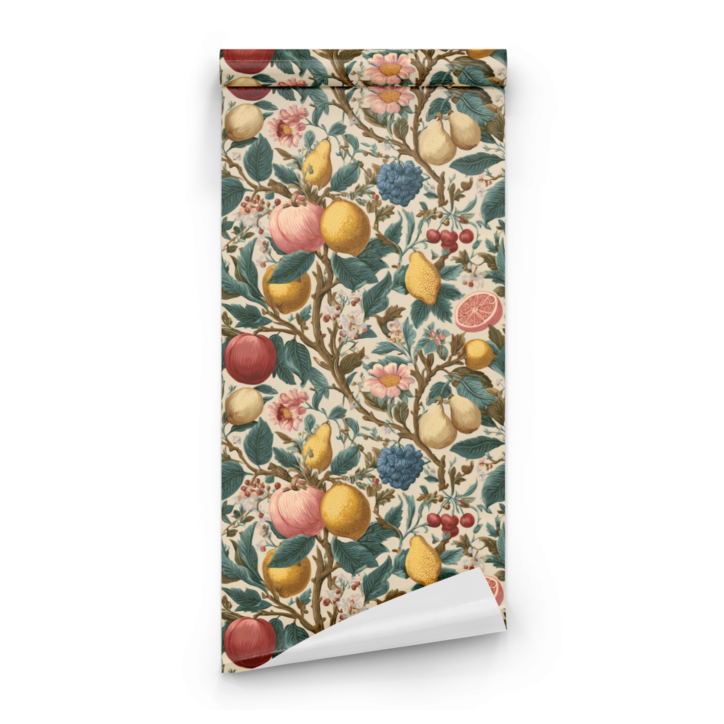 Cream Floral Wallpaper roll close-up showing the abundant fruit-and-floral drawing in cream botanical detail