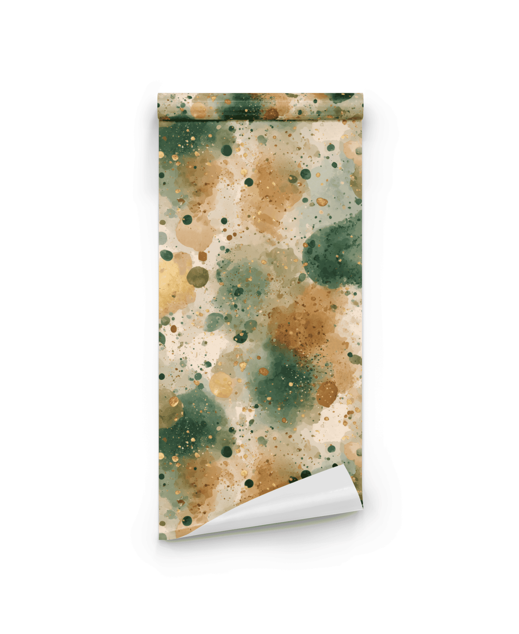 Whimsical Earth is a roll of paper featuring green, beige, and warm ochre watercolor splatters on white, creating a tranquil, nature-inspired look.