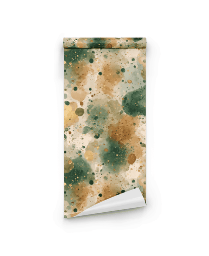Whimsical Earth is a roll of paper featuring green, beige, and warm ochre watercolor splatters on white, creating a tranquil, nature-inspired look.