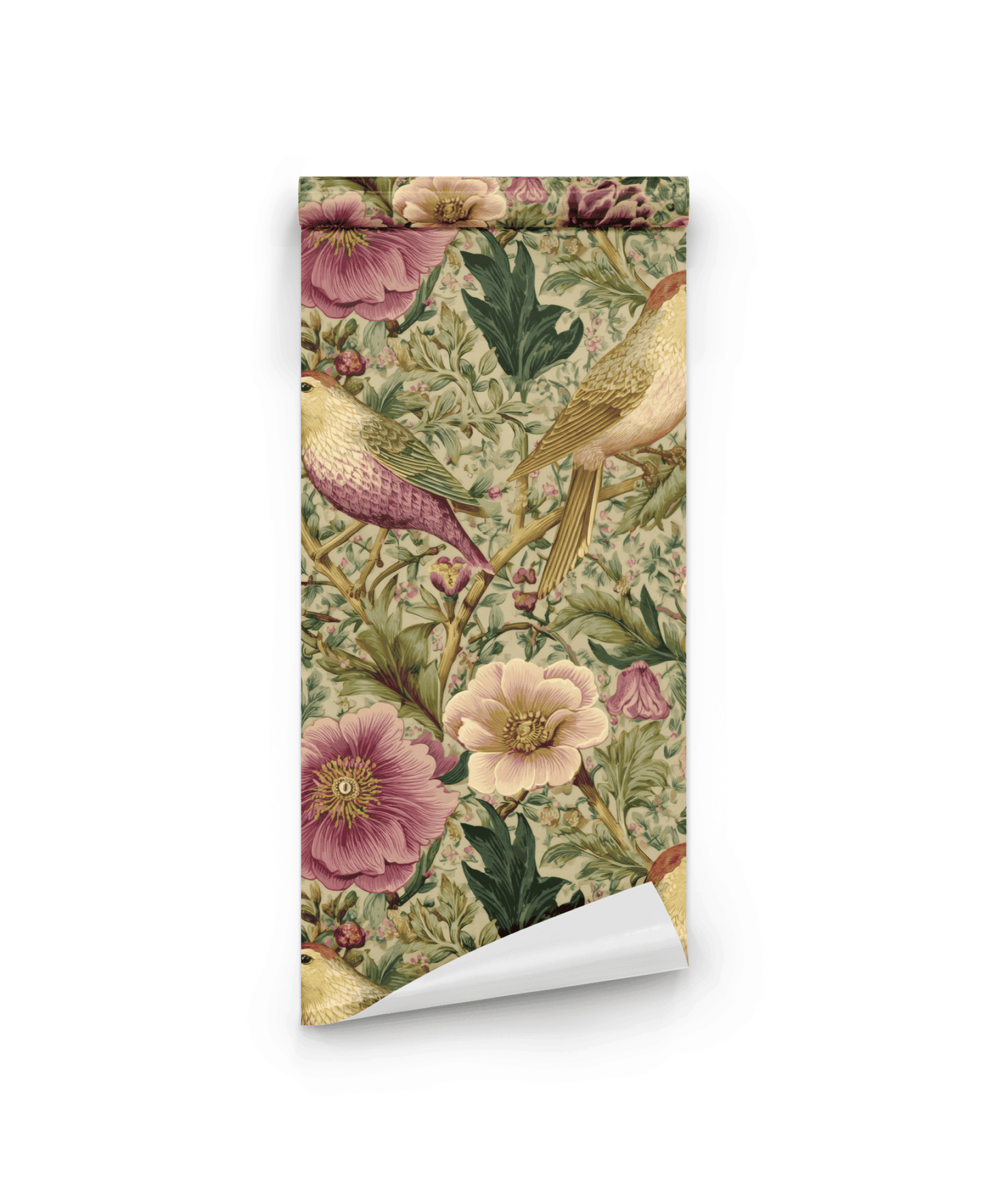 Birdsong Bloom Wallpaper features a vintage-inspired birds and blossoms pattern in soft pink, green, and beige tones, adding a romantic tapestry look to any space.