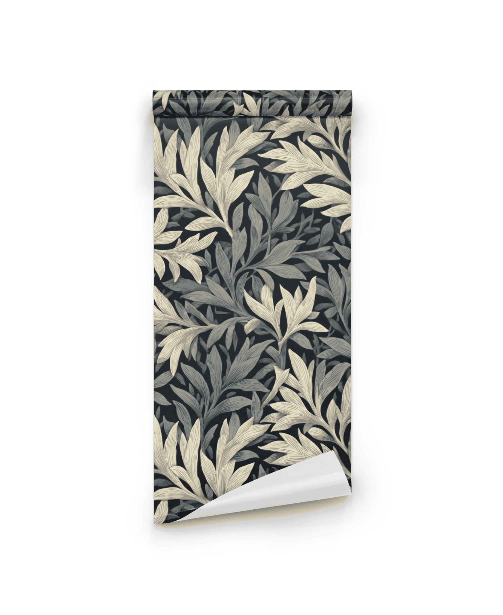 Eclipse Flora Wallpaper features a dark background with light and dark beige leafy branches, adding a touch of sophistication to any space.