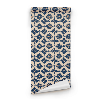 Azure Trellis | Neutral Damask Wallpaper | Block Print - Roll Preview