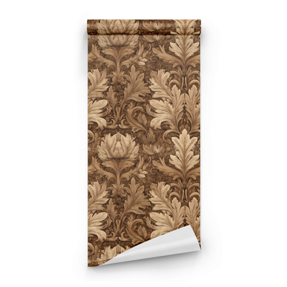 Brown Damask Wallpaper roll close-up showing the fern drawing in Victorian brown damask detail