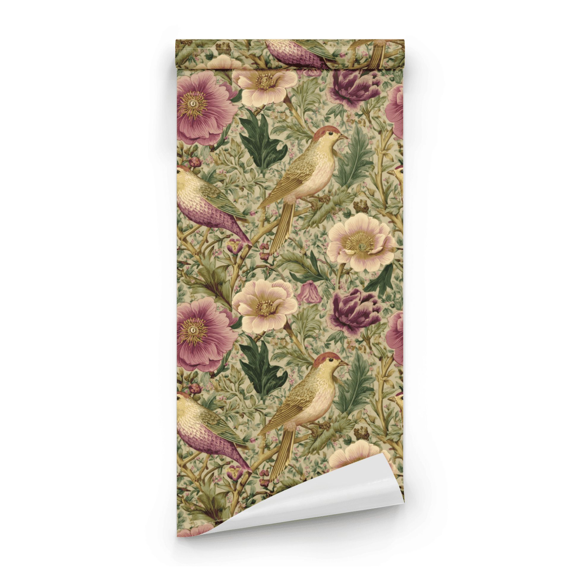 Green Floral Wallpaper roll close-up showing the poppy-and-bird drawing in close green woodland russet detail