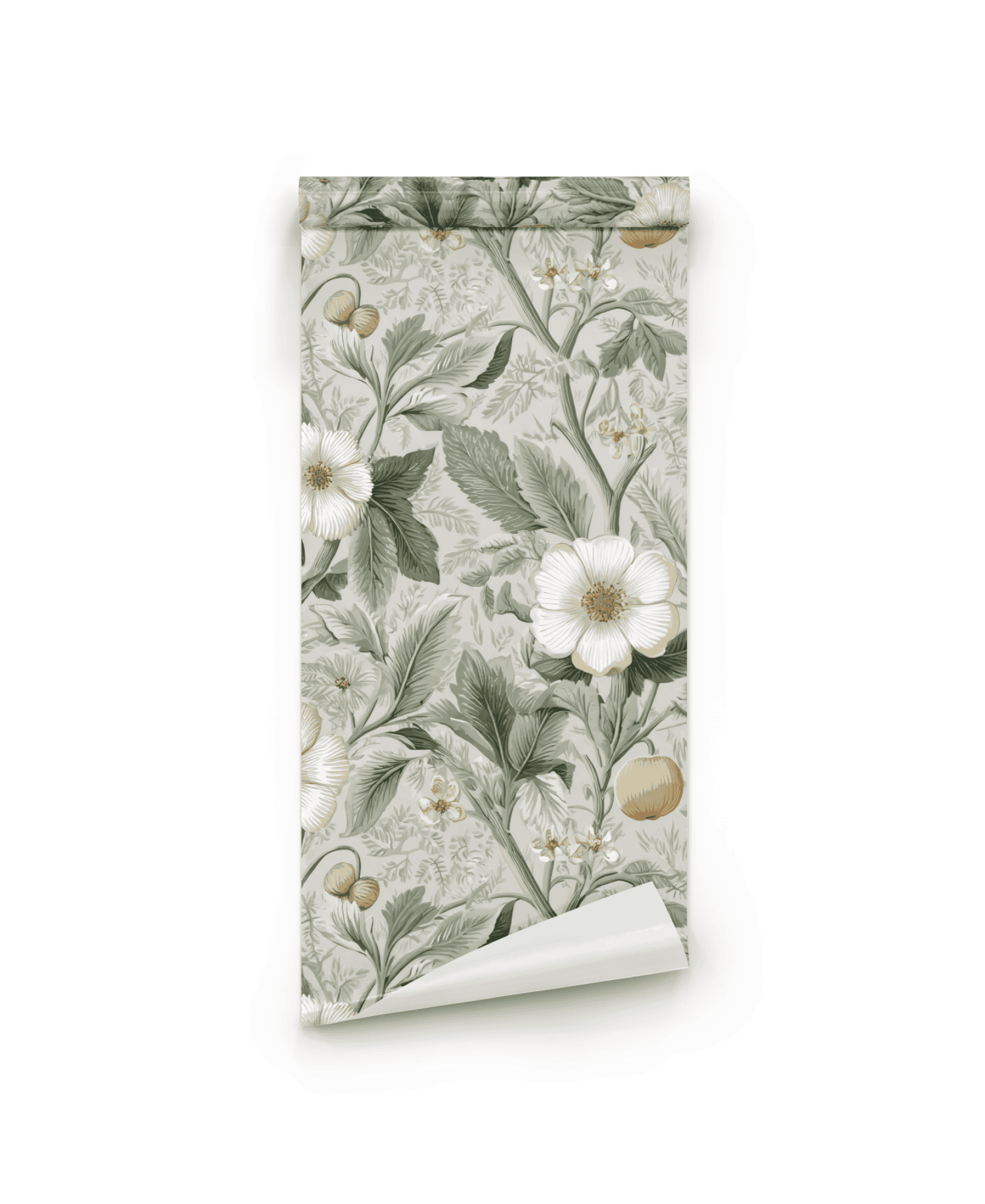 Eden's Bloom Wallpaper is a rolled sheet featuring botanical charm with lush foliage, soft blossoms, and acorns on a light background.