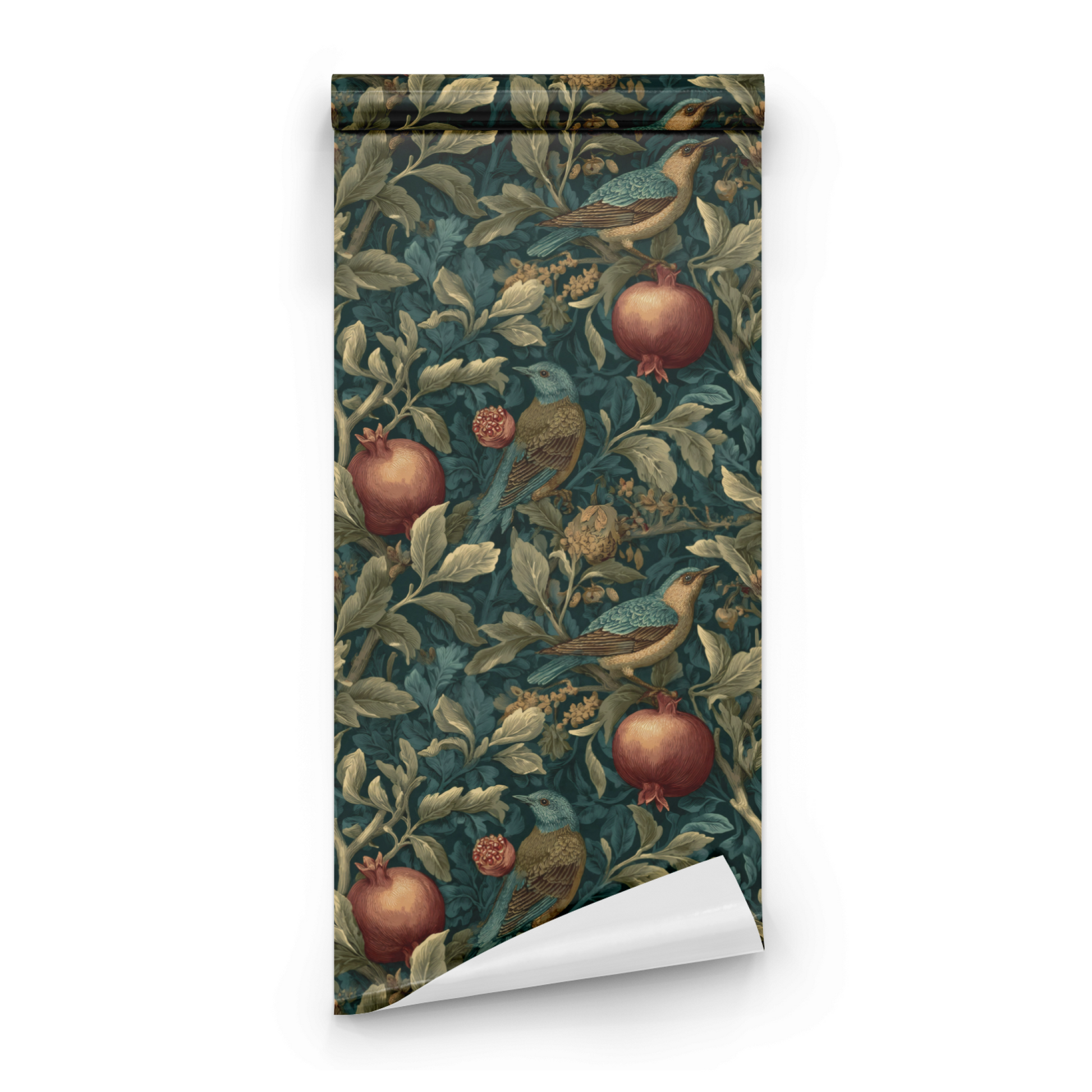 Green Birds Fruit Pattern, Tranquil Nature Elegance roll close-up showing the bird-and-pomegranate detail in Arts and Crafts botanical line work