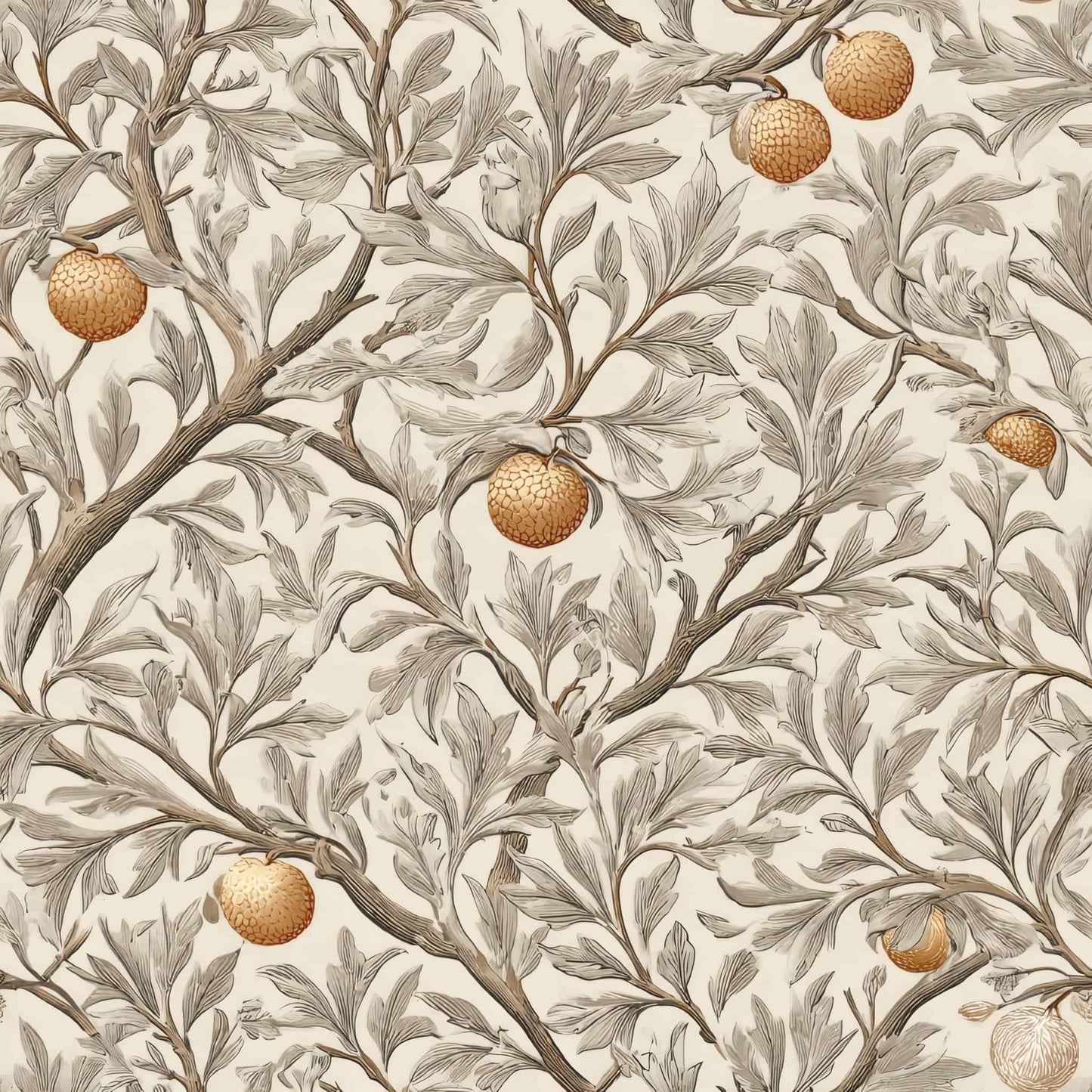 Wallpaper with intricate leafy branches and golden fruit on a beige background.