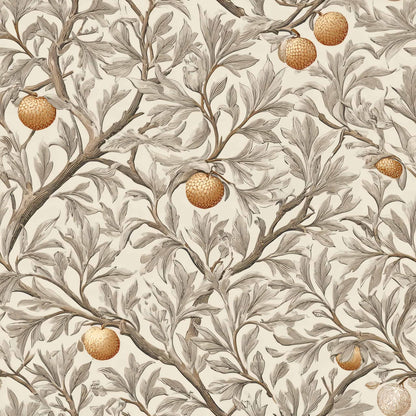 Wallpaper with intricate leafy branches and golden fruit on a beige background.