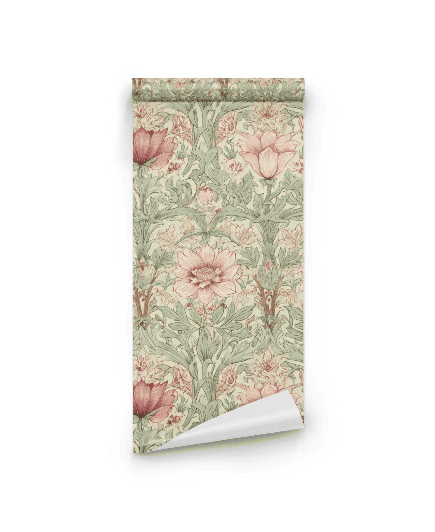Eden Blossom Wallpaper features a floral design with pink petals, beige flowers, and green leaves on a light background.