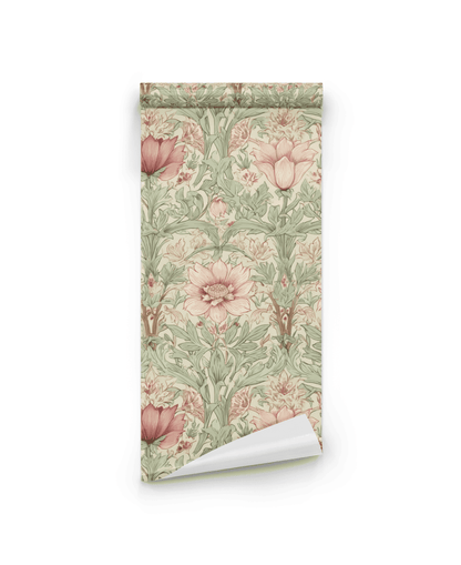 Eden Blossom Wallpaper features a floral design with pink petals, beige flowers, and green leaves on a light background.