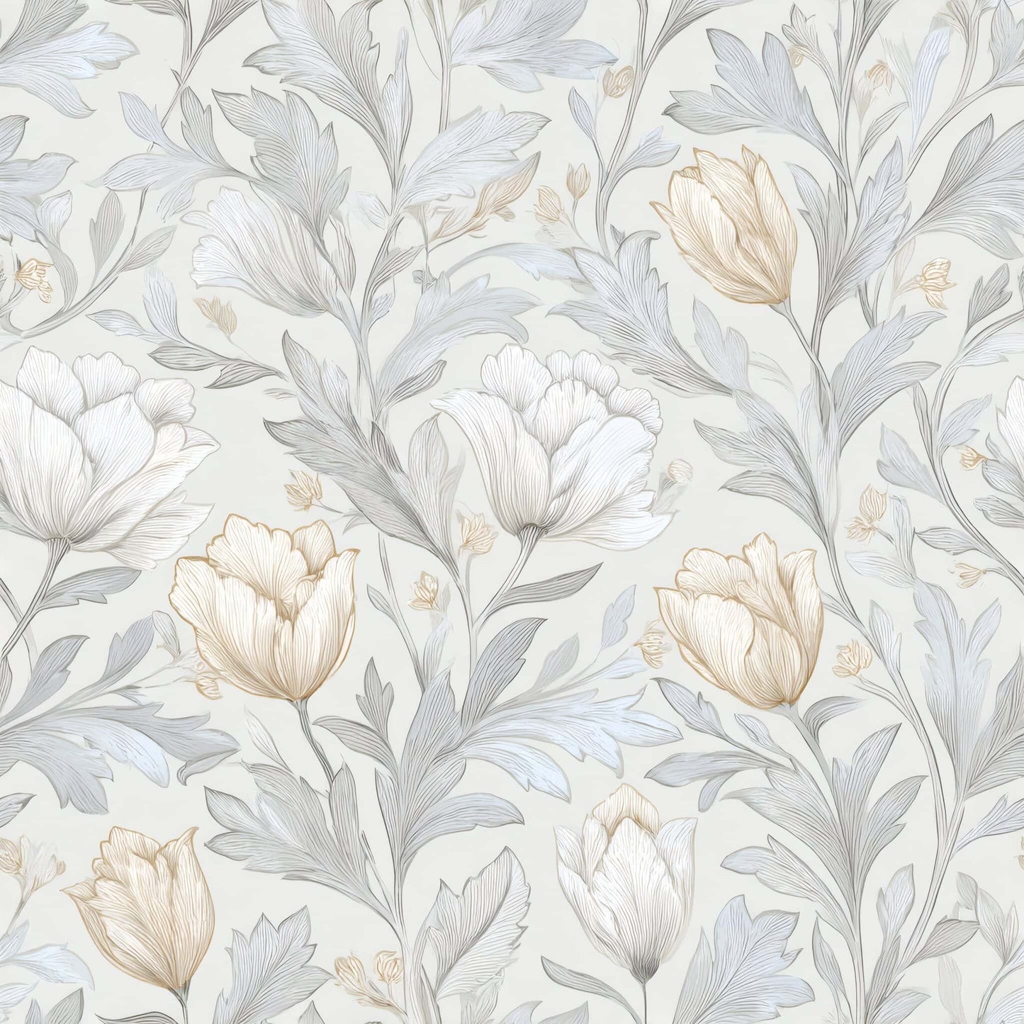 Floral wallpaper with muted gray and gentle gold flowers on a soft background.