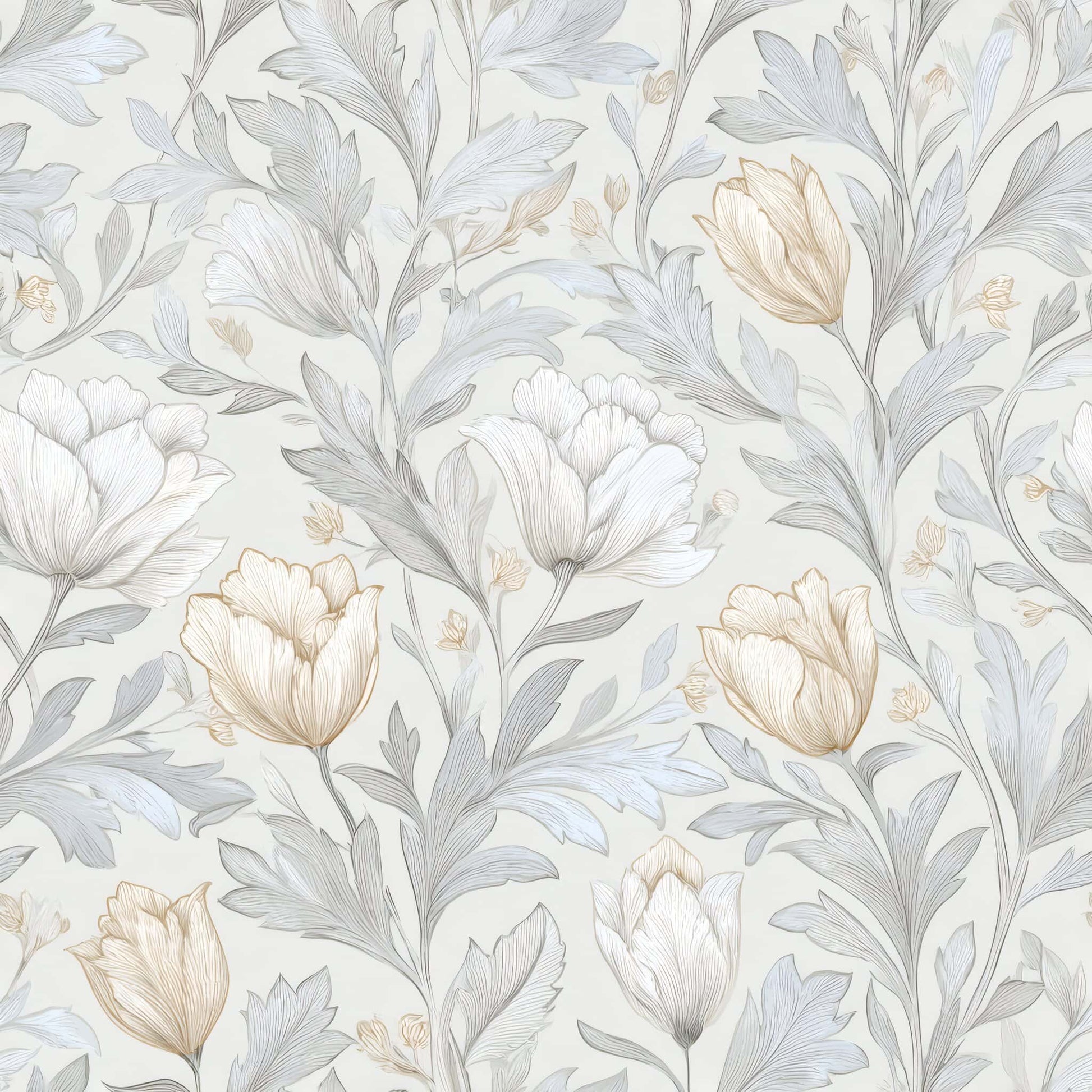 Floral wallpaper with muted gray and gentle gold flowers on a soft background.