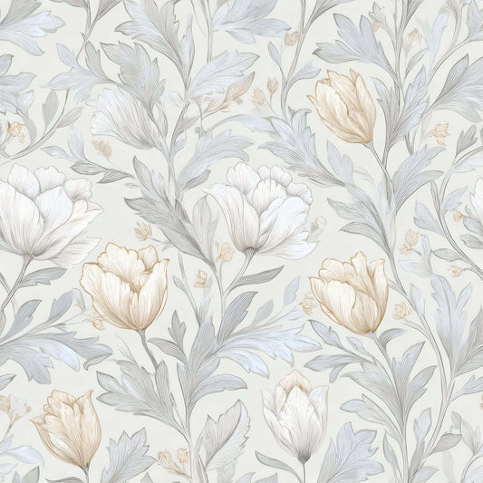 Floral wallpaper with muted gray and gentle gold flowers on a soft background.