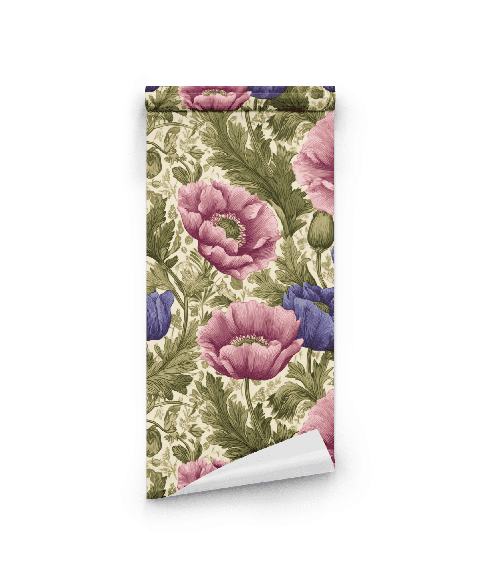 Blossom Reverie Wallpaper features an elegant floral design with pink and purple poppies and green leaves on a cream background.